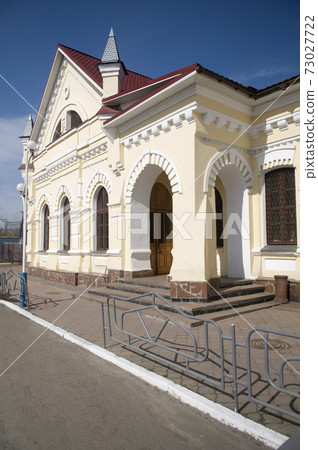 Malyn railway station against blue sky background 73027722