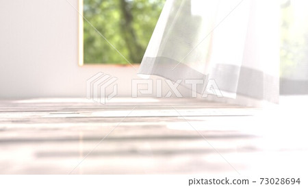 3D插圖的窗簾在風中搖曳的房間 73028694