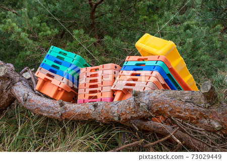 Fishing boxes in a port on shore of the Baltic Sea 73029449