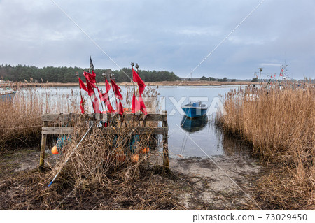 Fishing boat and reeds on shore of the Baltic Sea 73029450