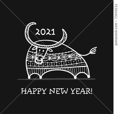 Funny sketch bull. Lunar horoscope sign. Happy new year 2021. Bull, ox, cow. Template for your design - poster, card, invitation Funny sketch bull. Lunar horoscope sign. Happy new year 2021. Bull, ox, cow. Template for your design - poster, card, invitation 73030212
