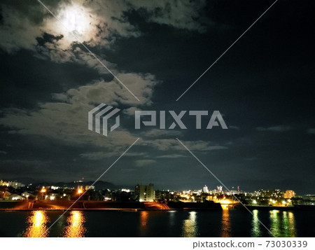 Night view of Sagami River and Hiratsuka seen from Shonan Ohashi on a moonlit night [December] 73030339
