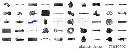 Auto spare parts car on the white background. Set with many isolated items for shop or aftermarket. 73030502