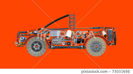 Car assembled from new spare parts isolated on red background. New spare parts for shop. 73031698