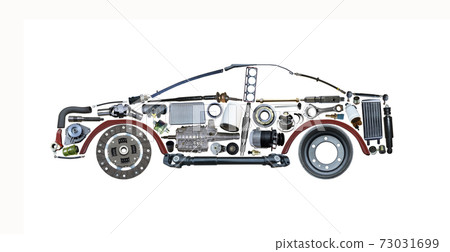 Truck assembled from new spare parts isolated on white background. New spare parts for shop.	 73031699