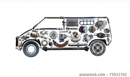 Minibus assembled from new spare parts isolated on white background. New spare parts for shop. Minibus assembled from new spare parts isolated on white background. New spare parts for shop. 73031702