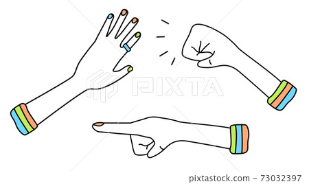 A collection set of three various gestures. Knocking hand, pushing palm and pointing finger. Vector illustration in funny hipster doodle cartoon line style. Can be used as icon, symbol or a logo A collection set of three various gestures. Knocking hand, pushing palm and pointing finger. Vector illustration in funny hipster doodle cartoon line style. Can be used as icon, symbol or a logo 73032397