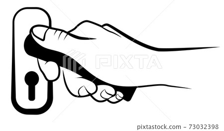 A hand holding a knob to open a door and exit. A stroke line on white background vector illustration, can be used as icon, symbol or logo. 73032398