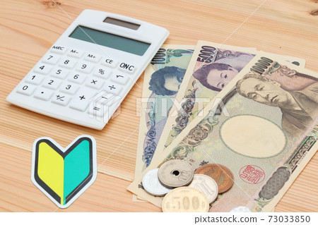 Banknotes and coins placed next to the calculator Banknotes and coins placed next to the calculator 73033850