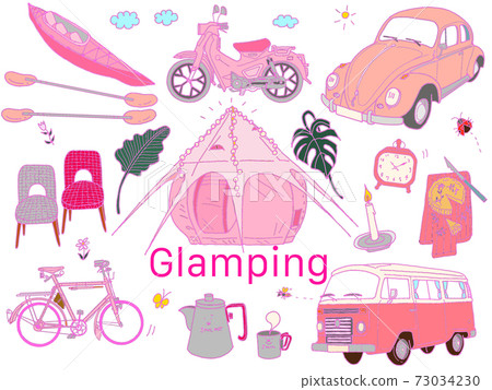 各種粉紅色和可愛的時尚車輛和女性豪華露營用品的插圖集素材 73034230