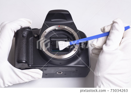 Professional cleaning of camera with swab 73034263