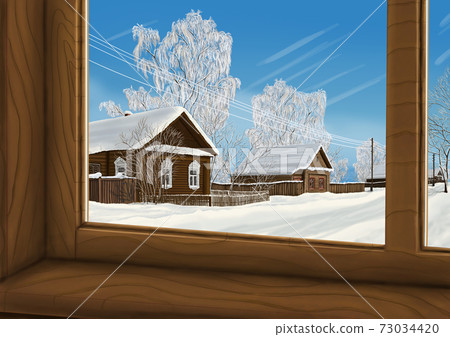 Winter in the village. 73034420