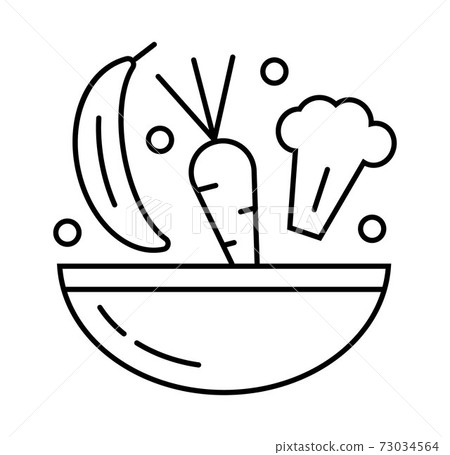 Health diet icon in outline style. Carrot, broccoli, banana, green peas, bowl 73034564
