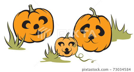 Cute cartoon doodle style Halloween Jack-o-lantern pumpkin with panda bear face collection. Funny vector illustration for holiday cards, postcards, posters or sticker decoration 73034584