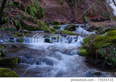 A clear stream flowing between moss stones in a mountain stream 73034718