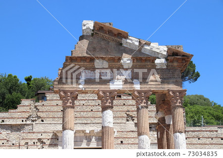 Capitolium (Temple of the Capitoline Triad), the main temple in Roman town of Brixia now Brescia, Lombardy, Northern Italy, part of the UNESCO world heritage Monumental area of the Roman forum 73034835