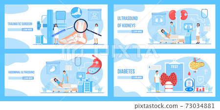 Traumatic surgeon, abdominal, kidney ultrasound, diabetes concept set vector. Endoscopy healthcare technology concept vector. 73034881