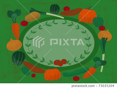 Hand-drawn illustration of a frame surrounded by pattern-like vegetables that can be used for marche, vegetable sales, gardening, etc. 73035204