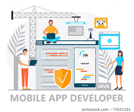 Web developer concept vector for landing page. Programmer constructs website using crane and writes code. Software engineer working in digital or AI technology. Software development Web developer concept vector for landing page. Programmer constructs website using crane and writes code. Software engineer working in digital or AI technology. Software development 73035281