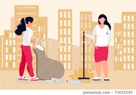 Volunteer concept vector. Social workers gathering litter, leaves, empty bottles. Assistants or welfare workers restore order in the city. Ecological help Volunteer concept vector. Social workers gathering litter, leaves, empty bottles. Assistants or welfare workers restore order in the city. Ecological help 73035297