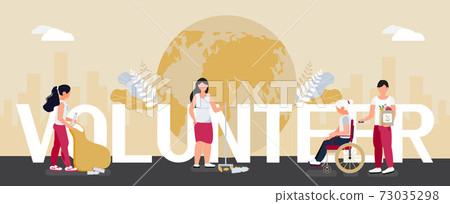 Volunteer concept vector. Social workers taking care about seniors. Social assistant, welfare worker help elderly people walk, ride wheelchair Volunteer concept vector. Social workers taking care about seniors. Social assistant, welfare worker help elderly people walk, ride wheelchair 73035298