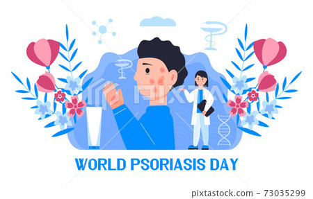 World psoriasis day in October 29th concept vector. Sad cute boy with disease of the skin and dermatological problems. Doctor treat patient. Health care concept vector for flyer World psoriasis day in October 29th concept vector. Sad cute boy with disease of the skin and dermatological problems. Doctor treat patient. Health care concept vector for flyer 73035299