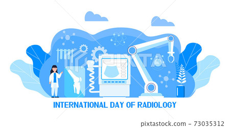 International day of radiology concept vector for medical website, app, blog. Tiny doctors make x-ray scanning. Ultrasound machine 73035312