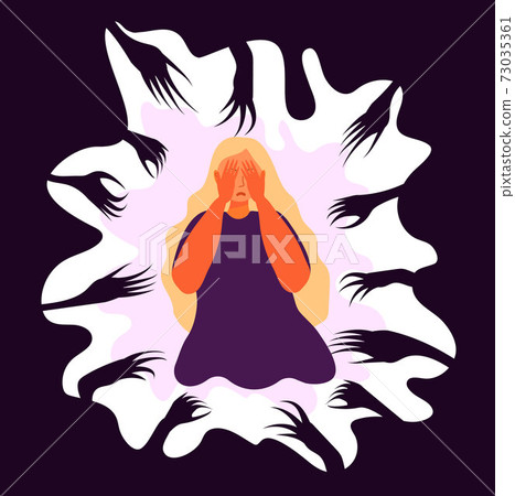 Panic attack of woman concept vector. Fear reaches out to a sad, crying woman. Depression, sadness, mental health illustration 73035361
