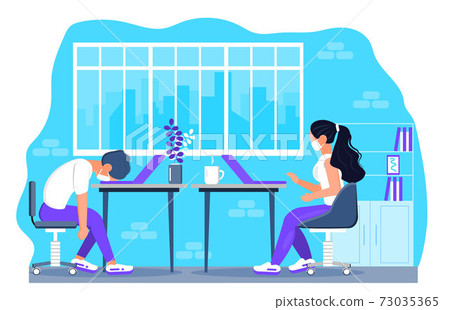 Office concept vector. Employees are siting, working on the laptops and wearing medical mask. Completion of the corona-virus quarantine. Precautions for managers, workers Office concept vector. Employees are siting, working on the laptops and wearing medical mask. Completion of the corona-virus quarantine. Precautions for managers, workers 73035365