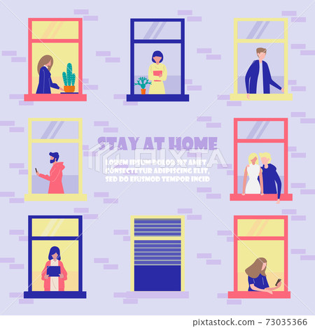 Stay home concept. House facade with windows of apartments. Neighbors are doing daily things. People are drinking tea, talking. Social campaign and support people Stay home concept. House facade with windows of apartments. Neighbors are doing daily things. People are drinking tea, talking. Social campaign and support people 73035366
