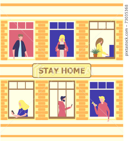 Stay home concept. House facade with windows of apartments. Neighbors are doing daily things. People are drinking tea, talking. Social campaign and support people Stay home concept. House facade with windows of apartments. Neighbors are doing daily things. People are drinking tea, talking. Social campaign and support people 73035368