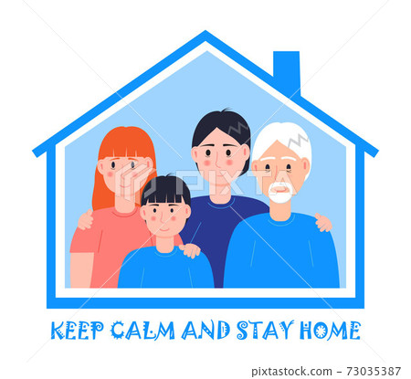 Smiling family is standing together near window and asking that everybody stays at home. Social campaign and support people in self-isolation. Coronavirus prevention vector. Smiling family is standing together near window and asking that everybody stays at home. Social campaign and support people in self-isolation. Coronavirus prevention vector. 73035387