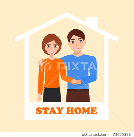 Smiling family is standing together near window and asking that everybody stays at home. Social campaign and support people in self-isolation. Coronavirus prevention vector. Smiling family is standing together near window and asking that everybody stays at home. Social campaign and support people in self-isolation. Coronavirus prevention vector. 73035388