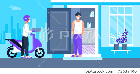 Pizza delivery service door to door. Contactless delivery during corona-virus epidemic. Man is carrying boxes with fast food. Pizza courier is wearing a medical mask 73035400