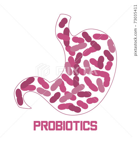 Stomach is getting probiotic bacteria, lactobacillus. Healthcare logo, immunity support concept vector for banner, poster, flyer, website. Symbol of useful milk 73035411