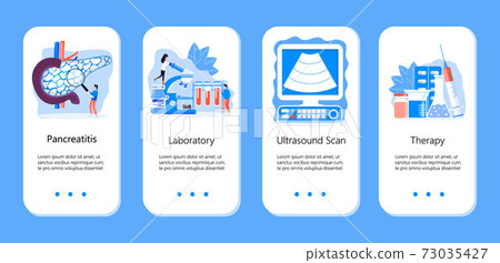 Pancreas doctors examine, make ultrasound. Tiny therapist looks through magnifying glass. Health care flat concept for app, web, flyer. Chronic problems endocrine systems. 73035427