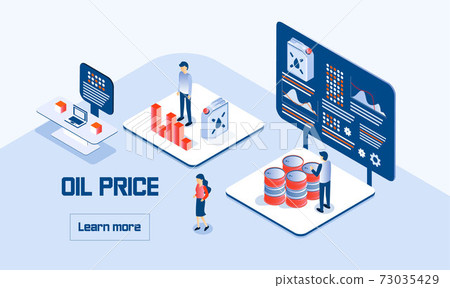 Oil price concept vector in isometric style. Petroleum stock market crisis or profit. Tiny businessmen are selling or buying oil in a panic. Oil tanks, barrels 73035429