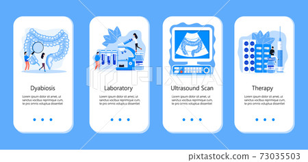 Intestine doctors examine, treat dysbiosis. Tiny therapist looks through a magnifying glass at harmful bacteria. Health care app templates in flat style for landing page, website, app 73035503