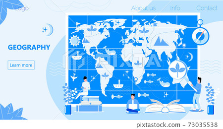 Atlas with metrics, compass, and oceans concept vector. Geographers study earth. Geography online and topography research illustration. Teacher in front of map in school 73035538