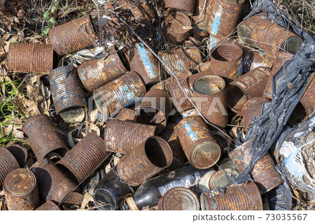 Old rusty cans lie on the ground and dry grass in nature. 73035567