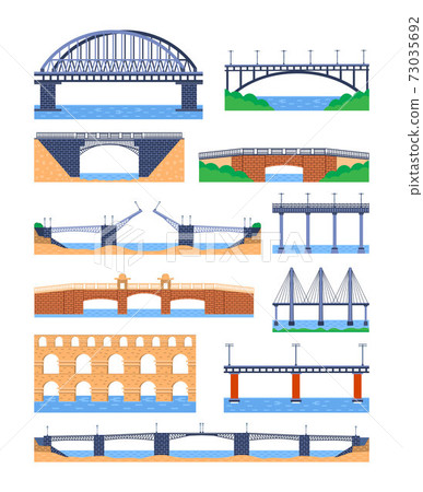 Set of metal and stone bridges vector. City architecture element and bridge-construction across the river with carriageway isolated and lanterns on colourful landscape Set of metal and stone bridges vector. City architecture element and bridge-construction across the river with carriageway isolated and lanterns on colourful landscape 73035692