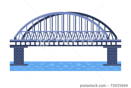 Bridge vector illustration. City architecture element with cables, freeway and bridge-construction across the river with carriageway isolated and lanterns on colourful landscape 73035694