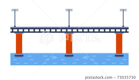 Bridge vector illustration. City architecture element with cables, freeway and bridge-construction across the river with carriageway isolated and lanterns on colourful landscape 73035730