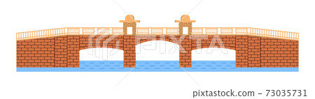 Stone bridge vector. City architecture element and bridge-construction across the river with carriageway isolated and lanterns on colourful landscape 73035731