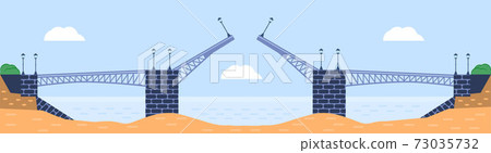 Bridge vector illustration. City architecture element with cables, freeway and bridge-construction across the river with carriageway isolated and lanterns on colourful landscape Bridge vector illustration. City architecture element with cables, freeway and bridge-construction across the river with carriageway isolated and lanterns on colourful landscape 73035732