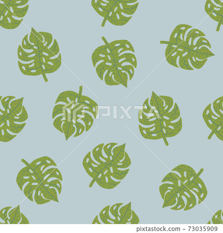 Seamless random pattern with green hand drawn monstera ornament. Blue pastel background. Seamless random pattern with green hand drawn monstera ornament. Blue pastel background. 73035909