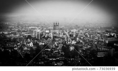 City of Gloucester and Gloucester Cathedral in England - aerial view in black and white 73036939