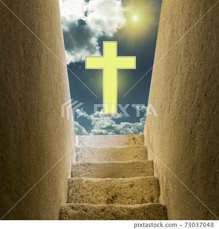 An old staircase leading from darkness to light and sky with a cross An old staircase leading from darkness to light and sky with a cross 73037048