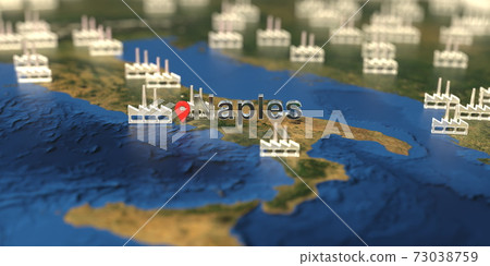 Factory icons near Naples city on the map, industrial production related 3D rendering Factory icons near Naples city on the map, industrial production related 3D rendering 73038759