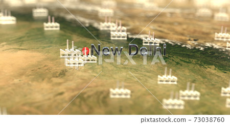 Factory icons near New Delhi city on the map, industrial production related 3D rendering 73038760